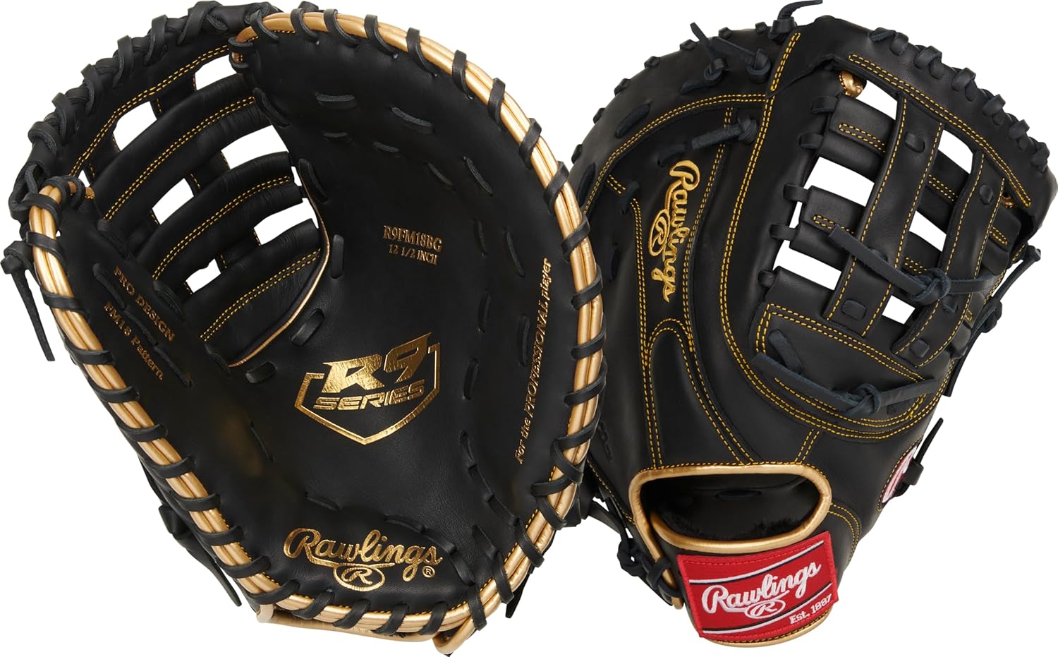 Black/Gold Rawlings R9 Baseball First Baseman's Glove